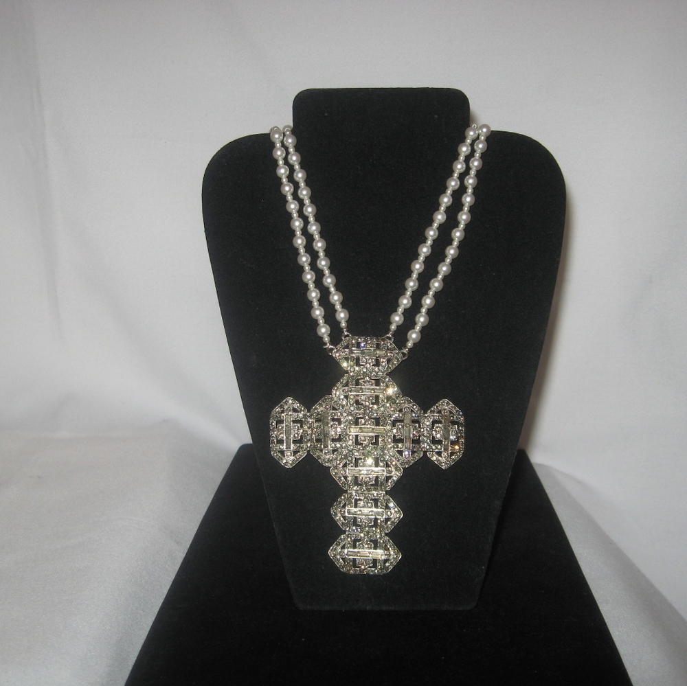 Castlecliff Art Deco Pave and Faux Pearl Necklace